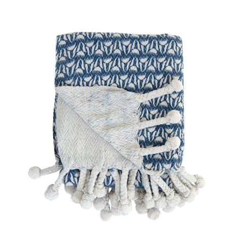 Recycled Cotton Blend Printed Throw w/ Braided Pom Pom Tassels