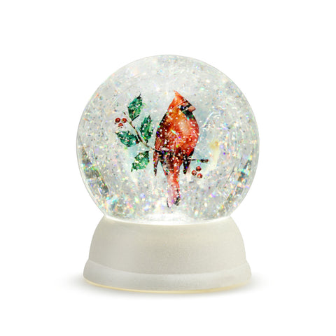 Lit Cardinal with Holly Snow Globe